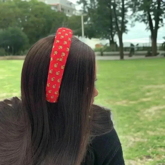 Squirrels Red Silk Headband Artisan Handcrafted Upcycled Hair Accessory - Picture 2 of 10